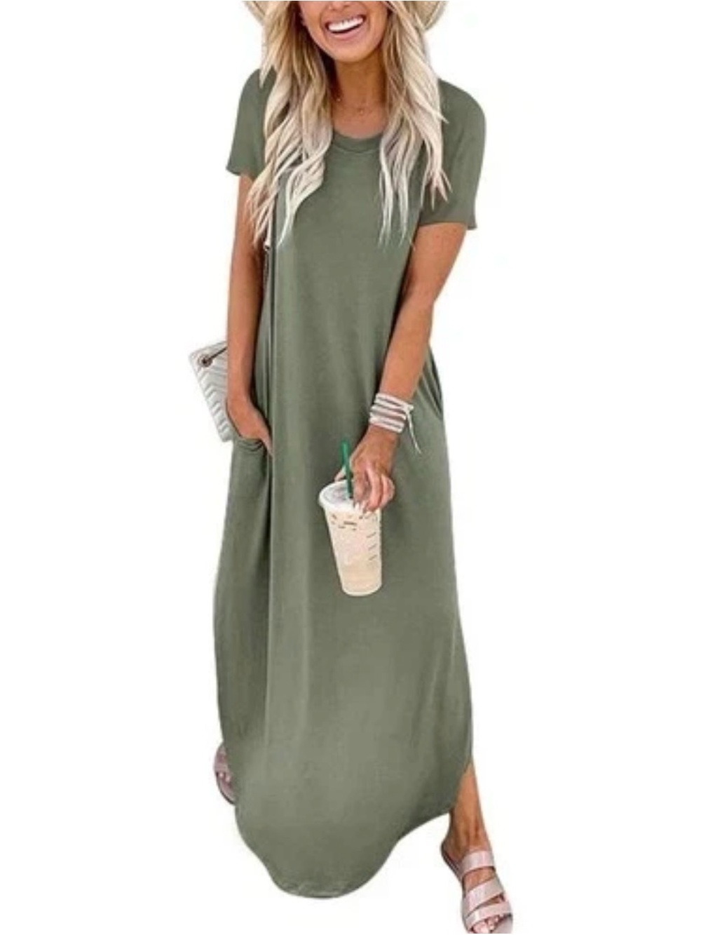 Anrabess Women's T-Shirt Dress XXL Green Solid Knit Round Neck Short Sleeve Long